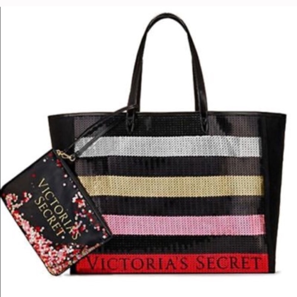 NWT VS Striped Sequin Tote Bag with Wristlet